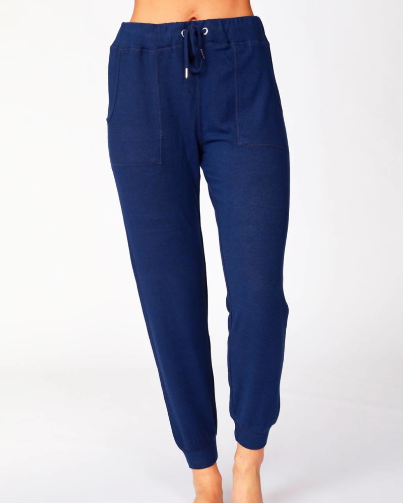 Front of a model wearing a size XL Soft Stretch Drawstring Jogger In Navy in Navy by french kyss. | dia_product_style_image_id:356272